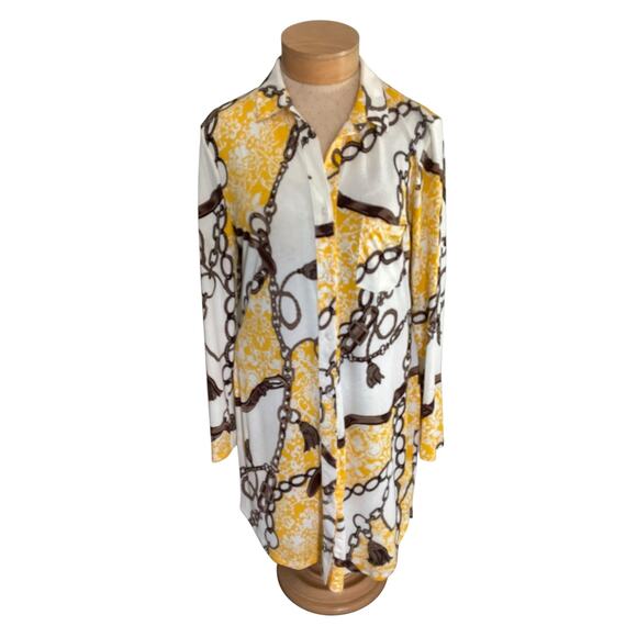 Timing Womens 1X Yellow White Blouse Chain Print Button Up Long Sleeve Top - Picture 1 of 11